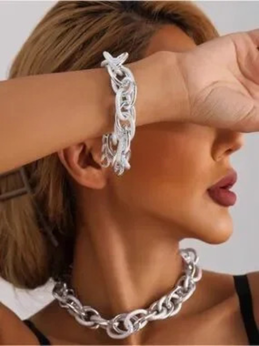 Silver Textured Link Necklace and Bracelet Set